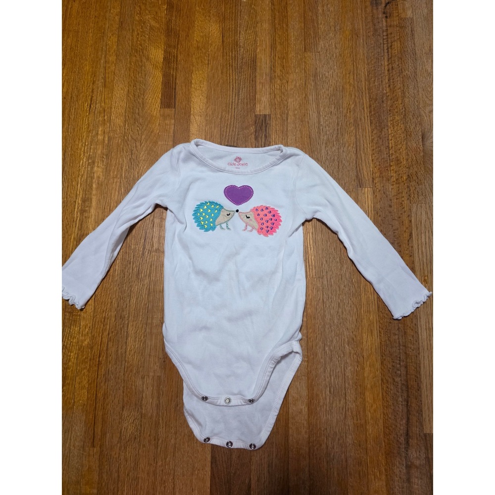 Okie Dokie Baby Girls 18M White Hedgehog Long Sleeve Ribbed Cotton Bodysuit